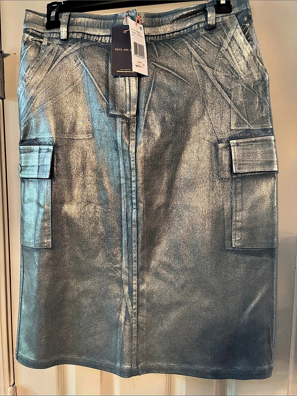 Skies Are Blue Silver Metallic over Blue Cargo Midi Skirt NWT